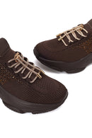 Derimod Zero Woman Brown Lace-Up Fabric Sneaker with Stone Details | Derimod