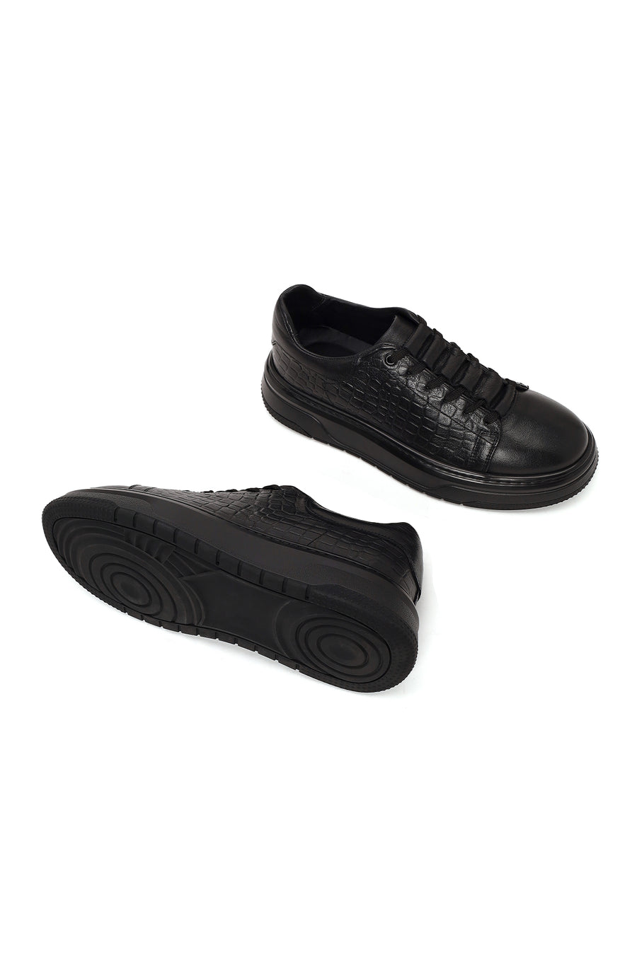 Erkek Siyah Bağcıklı Kalın Tabanlı Kroko Desenli Deri Sneaker