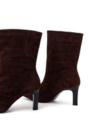 Woman Brown Thin Heeled Printed Suede Boots | Derimod