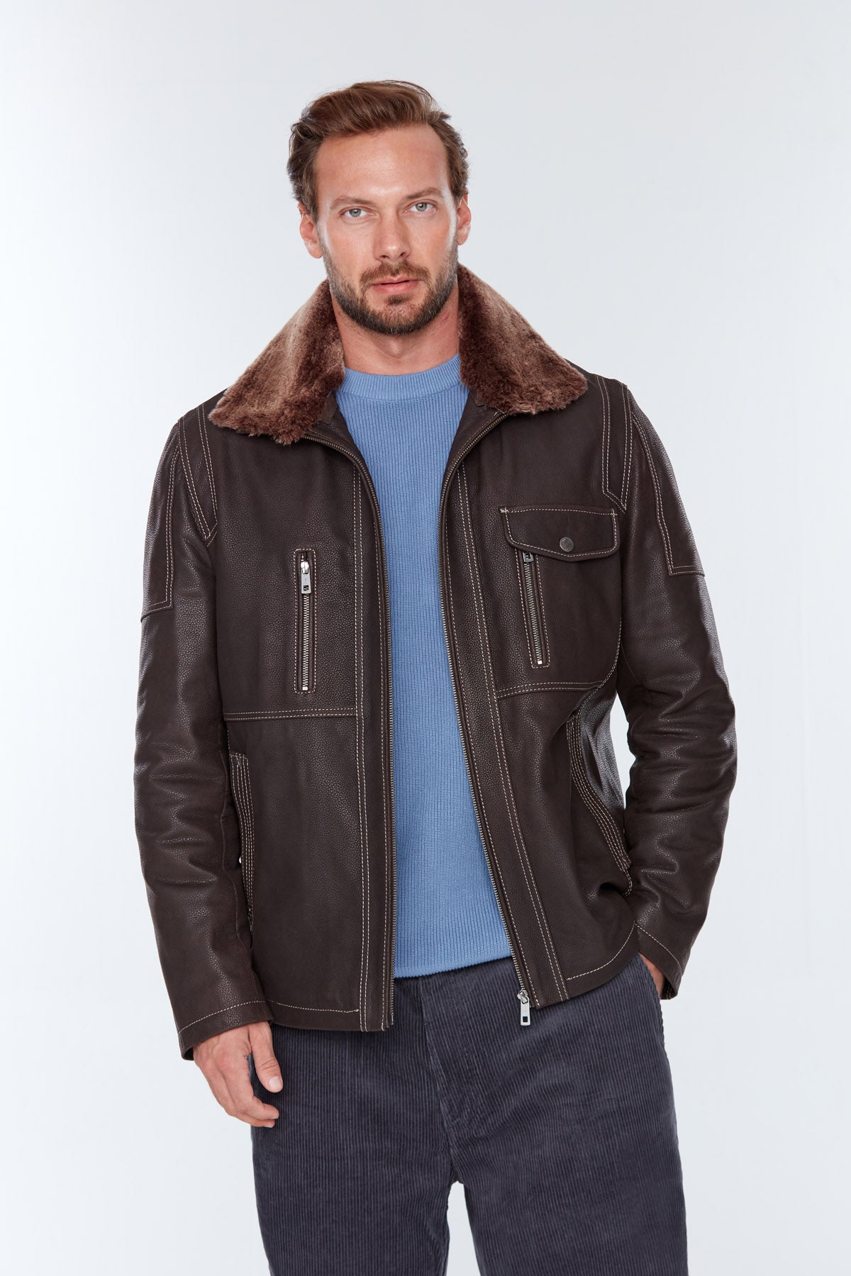 Angelo(Plus) Men's Brown Leather Jacket with Fur Collar 19WGD60520M | Derimod