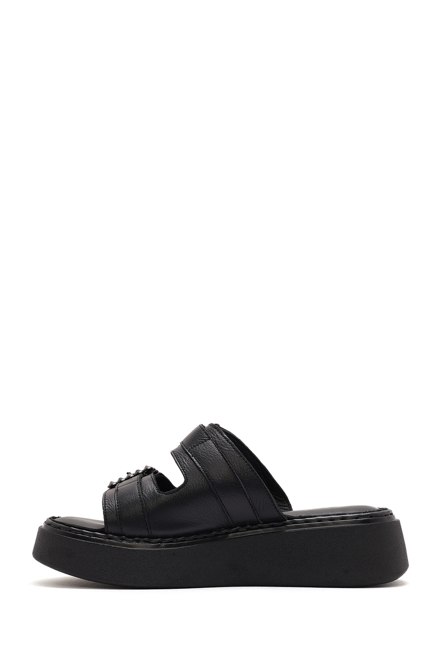Women's Black Double Buckle Thick-Soled Leather Comfort Slippers