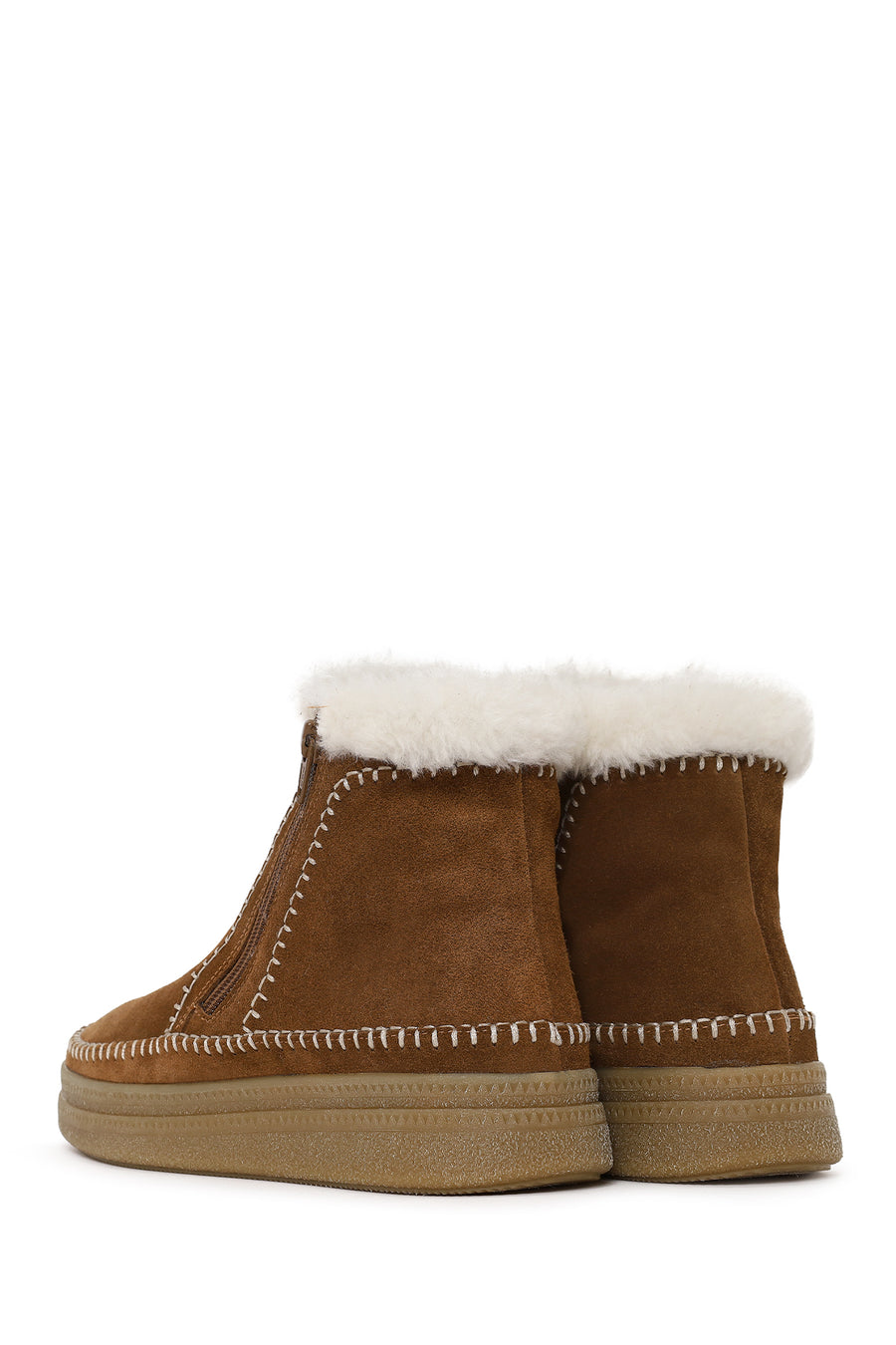 Woman Tan Zip Closure Chunky Sole Suede Teddy Boots