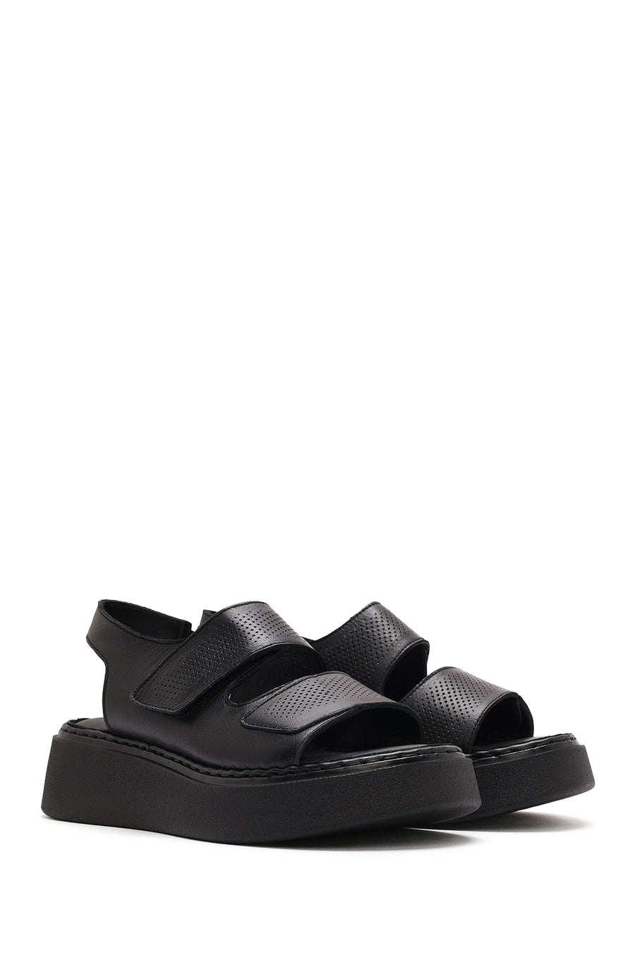 Women's Black Strappy Thick Soled Leather Comfort Sandals