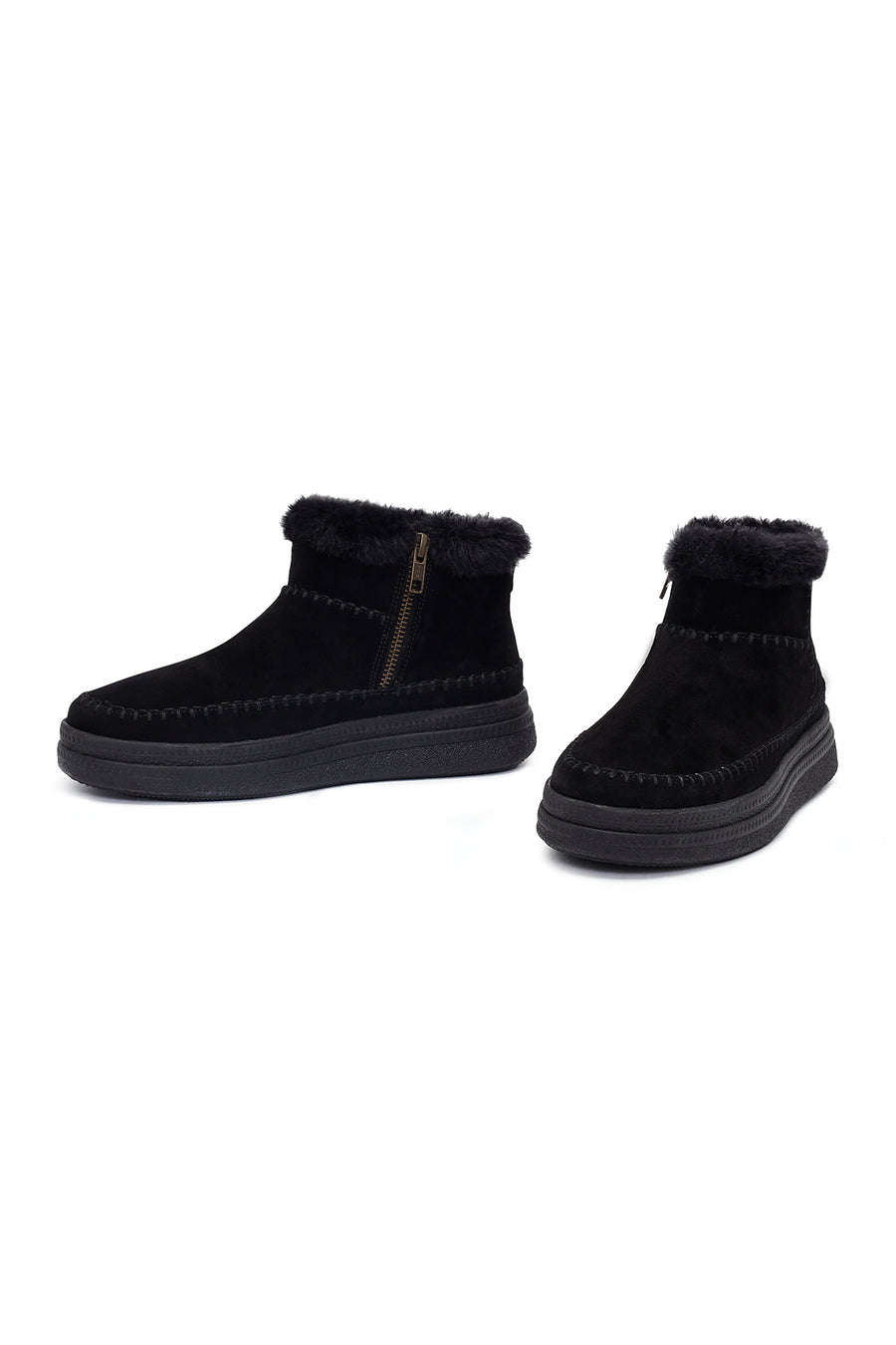 Woman Black Zip Closure Thick-Soled Suede Teddy Boots