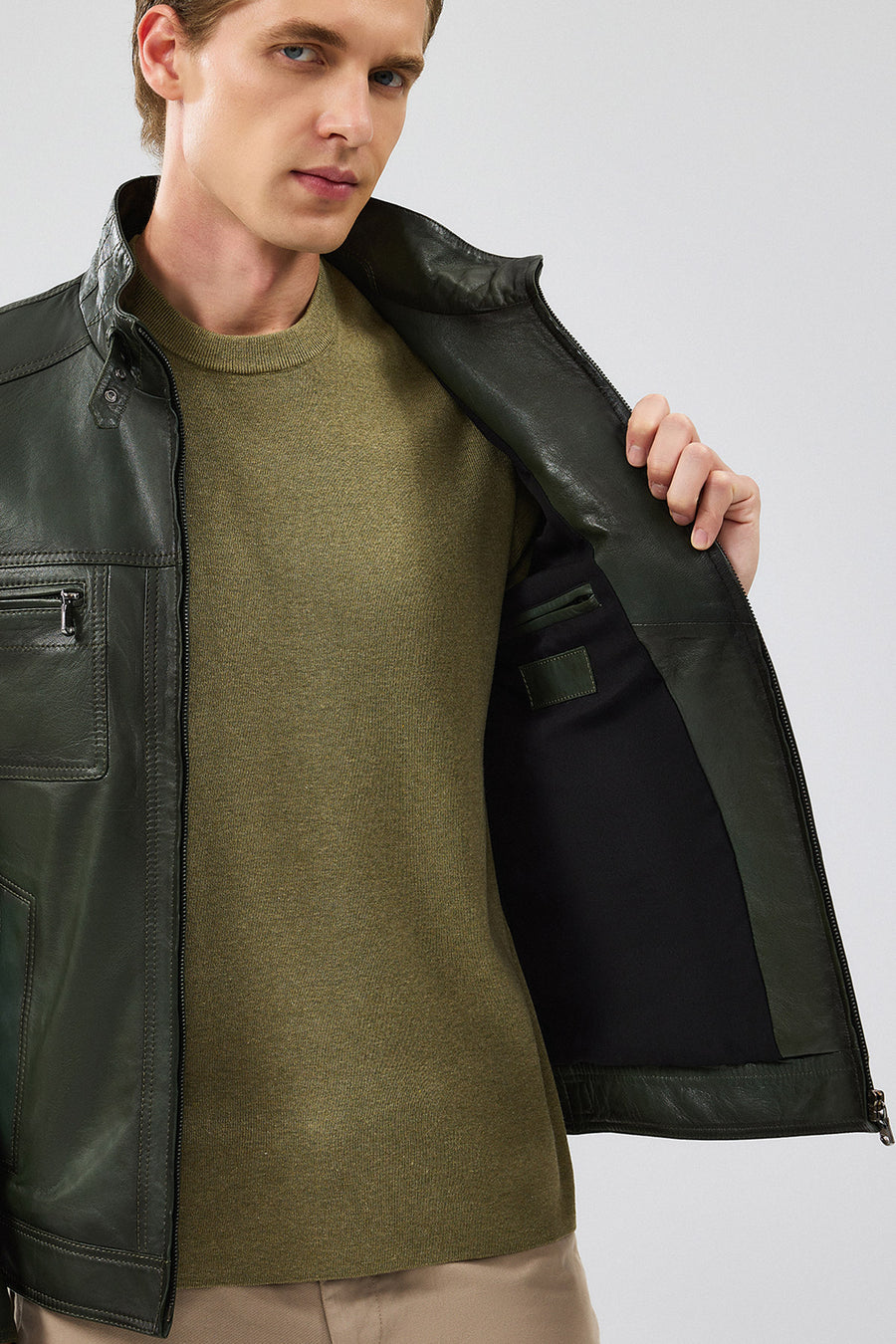 Wade Erkek Haki Slim-Fit Deri Mont