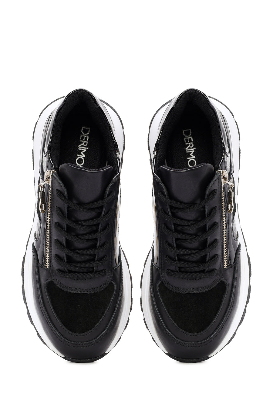 Kadın Siyah Kalın Tabanlı Fermuarlı Deri Sneaker