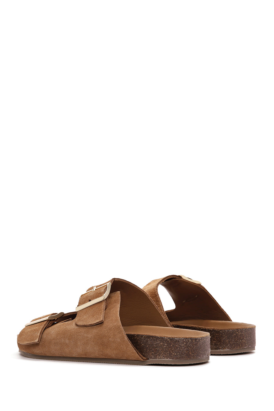 Women's Tan Double Buckle Suede Leather Slippers