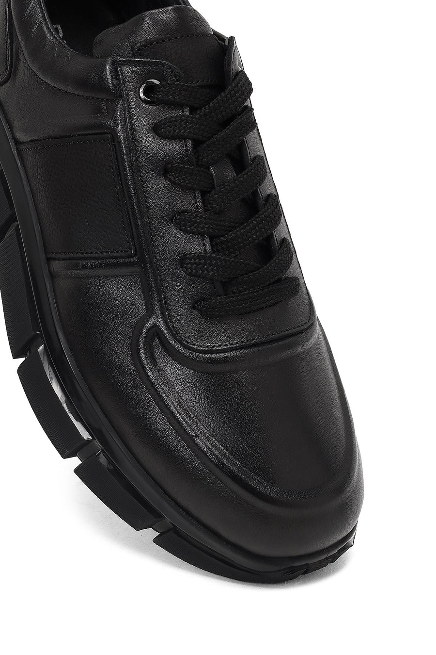 Erkek Siyah Bağcıklı Kalın Tabanlı Deri Sneaker
