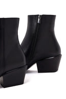 Woman Black Zip Closure Short Thick-Heeled Leather Cowboy Boots | Derimod