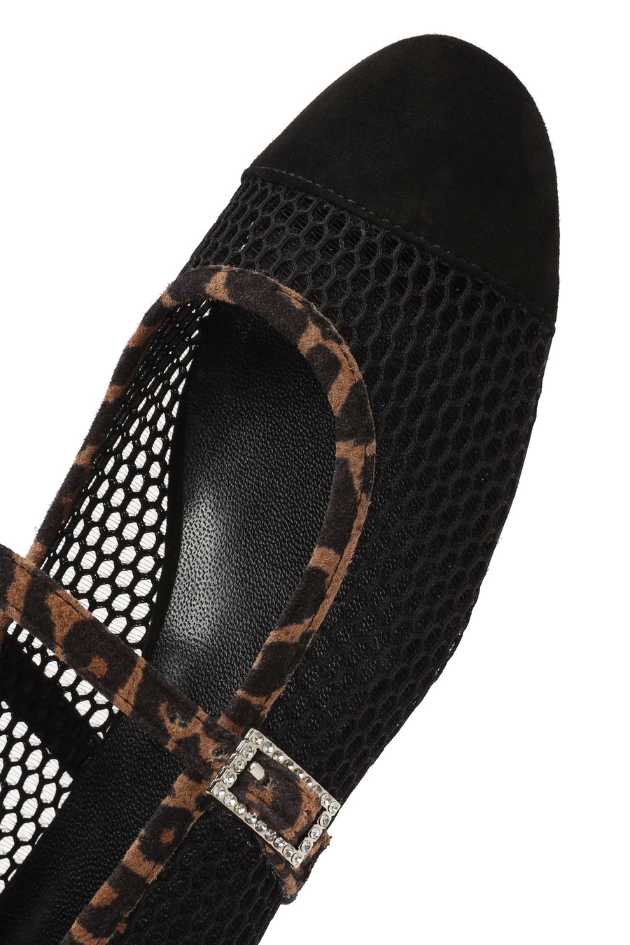 Women's Black Leopard Patterned Buckled Mesh Leather Ballerinas