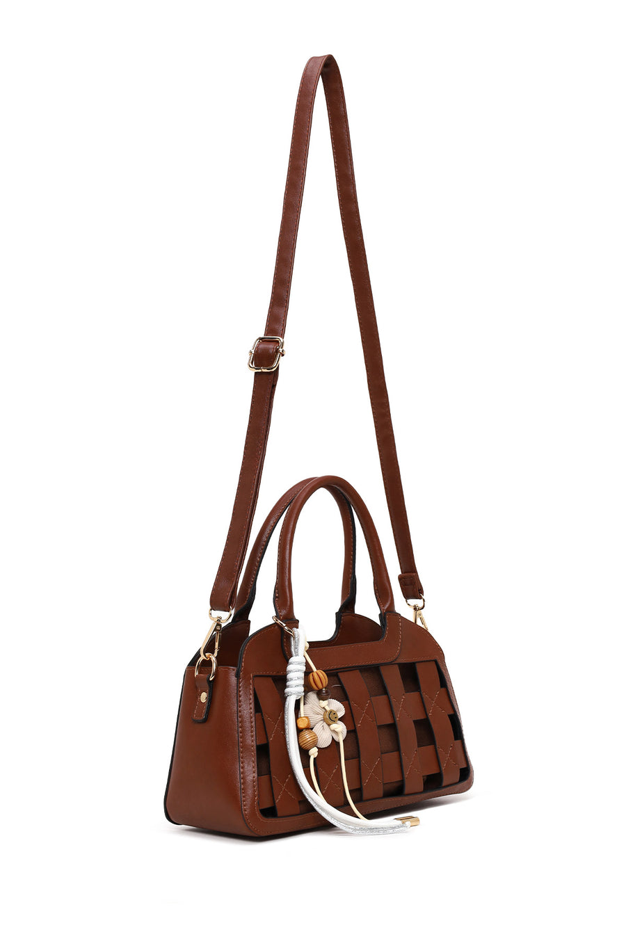 Woman Brown Long-Strap Knitted Mini Shoulder Bag
