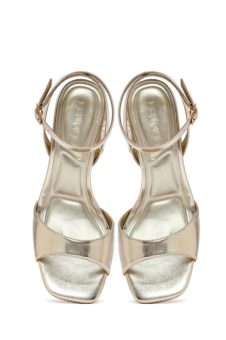 Women's Gold Ankle Buckle High Thick Heel Metallic Sandals