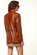 Barbara Women's Camel Long Leather Jacket | Derimod