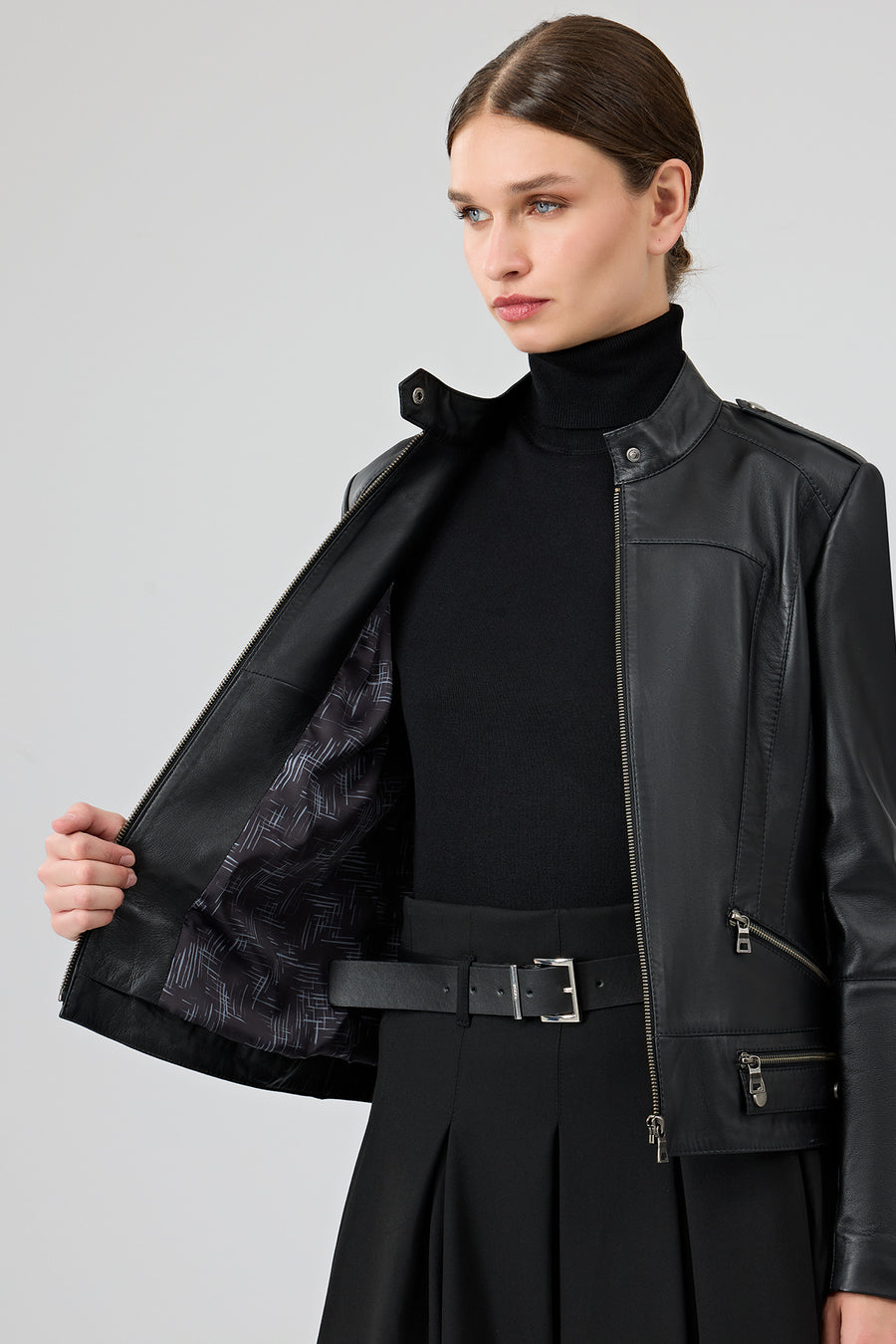 Nora Women's Black Stand Collar Short Leather Jacket