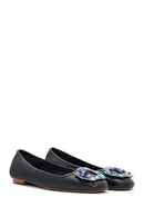 Women's Navy Blue Leather Stone Ballerinas | Derimod