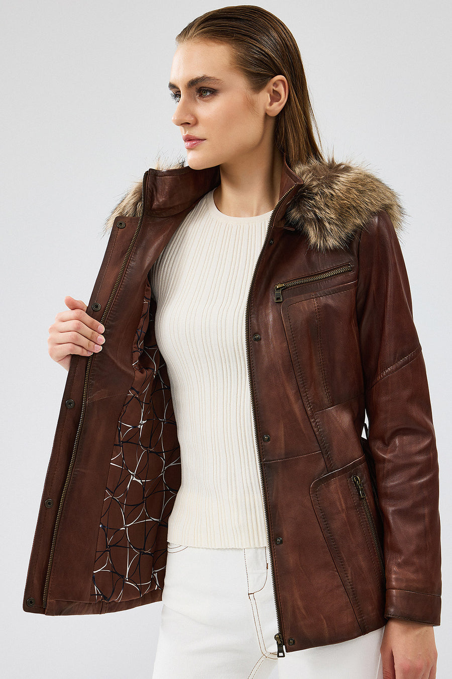 Rebecca Women's Brown Hooded Furry Leather Jacket