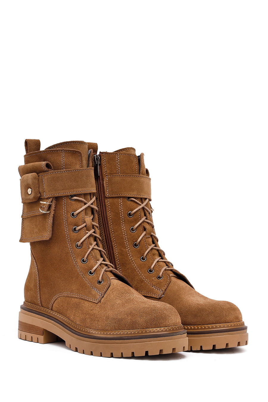 Woman Tan Zippered Suede Leather Boat