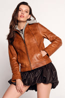 Magic Woman Brown Hooded Short Sport Leather Jacket | Derimod
