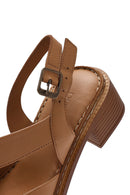 Women's Brown Ankle Buckle Low Heel Leather Sandals | Derimod