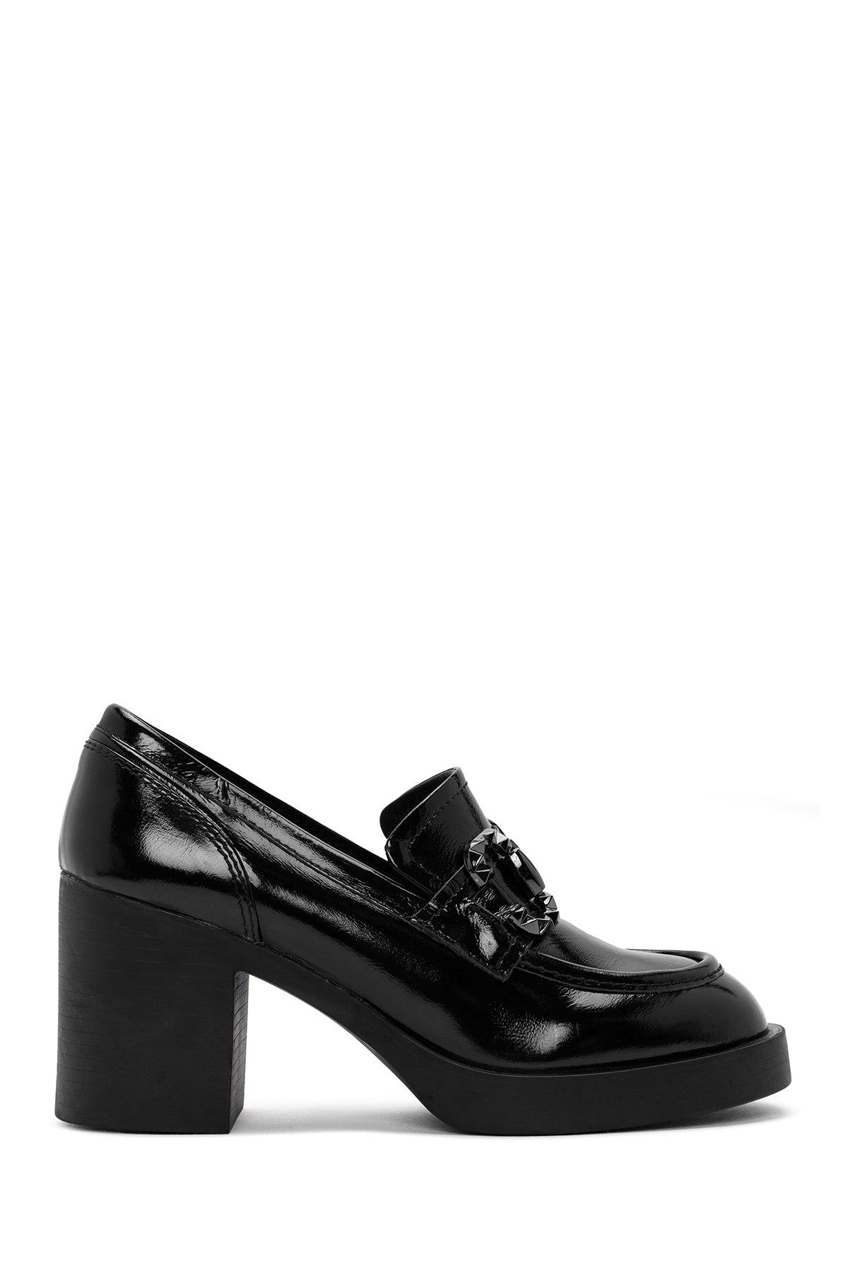 Women's Black High Thick Heel Patent Leather Masculine Loafer 24WFD511116 | Derimod