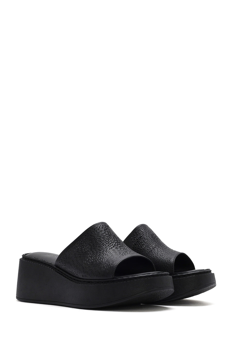 Women's Black Thick-Soled Printed Leather Comfort Slippers