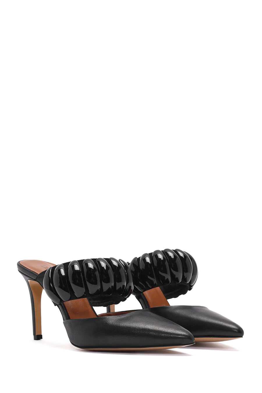 Women's Black Thin Heeled Leather Slippers