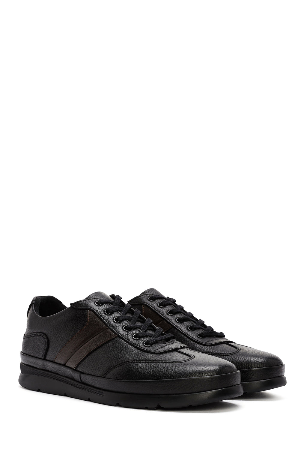 Erkek Siyah Bağcıklı Kalın Tabanlı Deri Sneaker