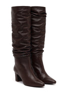 Woman Brown Thick-heeled Leather Boots | Derimod