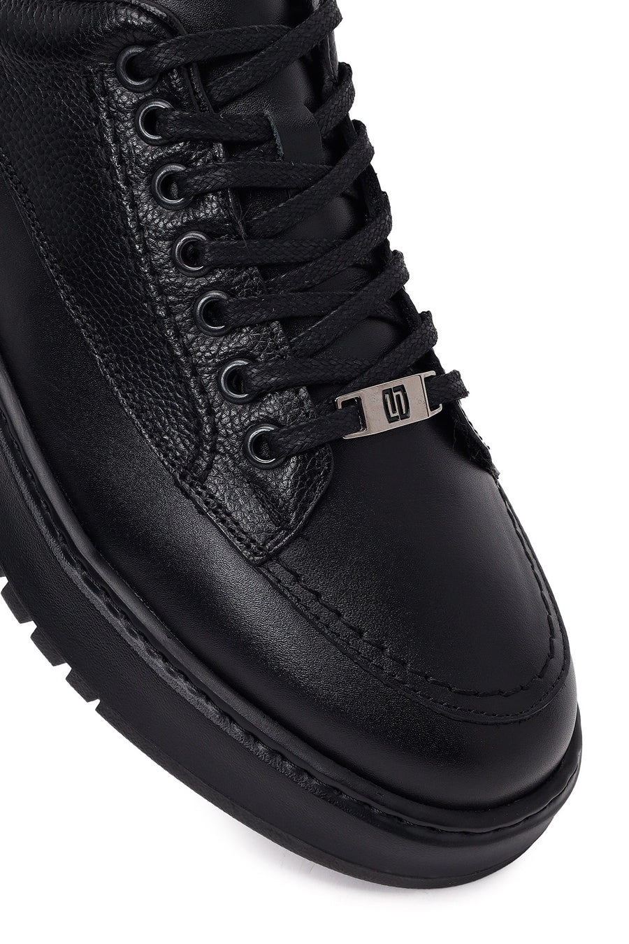 Erkek Siyah Bağcıklı Kalın Tabanlı Deri Sneaker