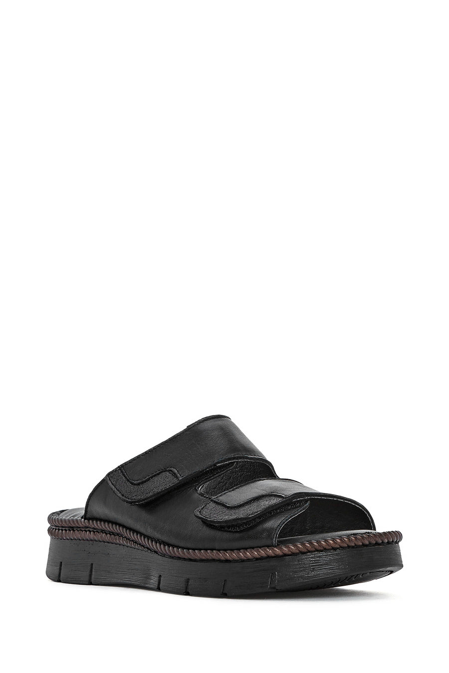 Woman Black Double Banded Leather Comfort Slippers