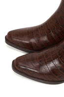 Woman Brown Thick-heeled Croc-embossed Leather Cowboy Boots | Derimod