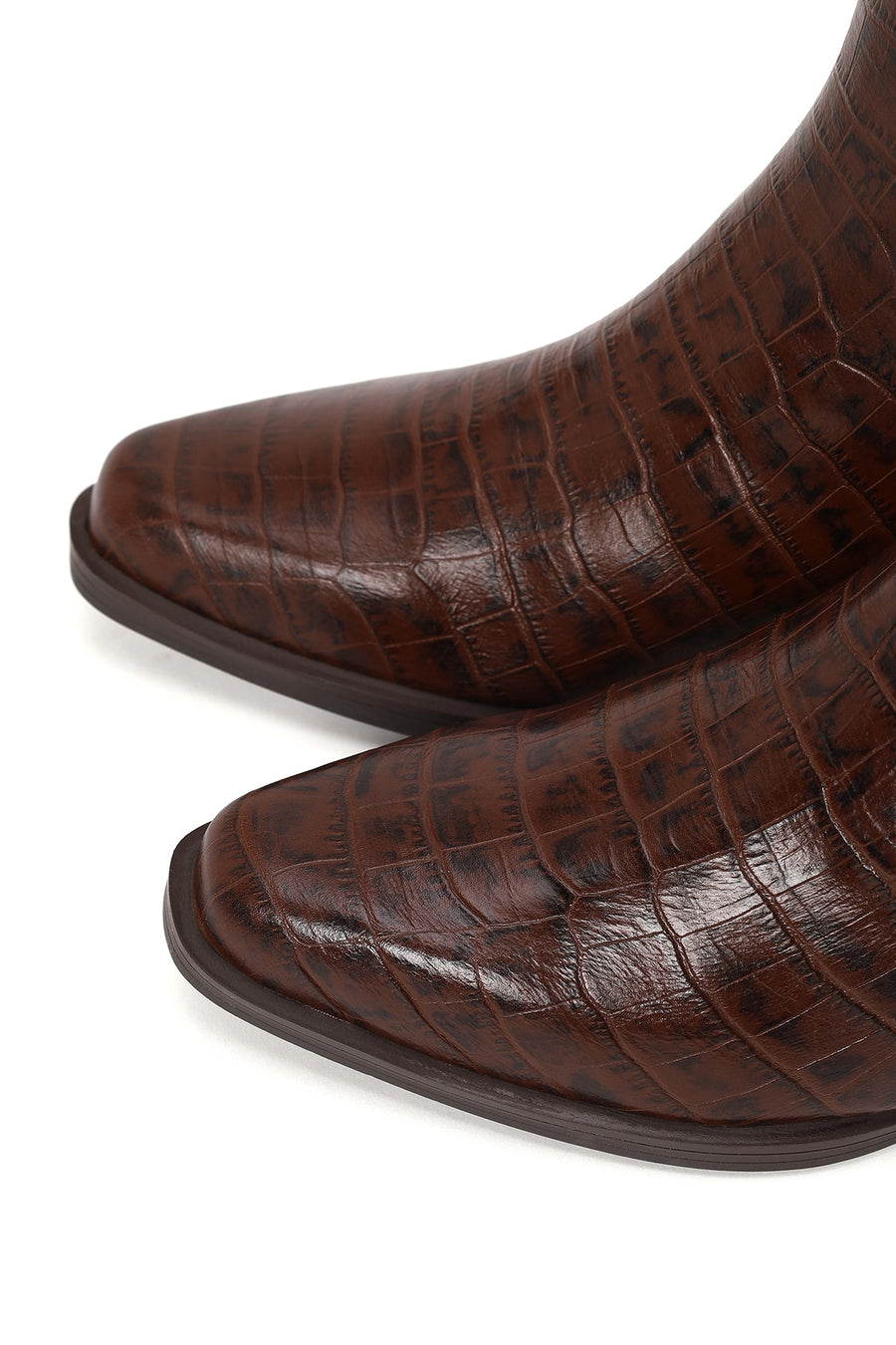 Woman Brown Thick-heeled Croc-embossed Leather Cowboy Boots