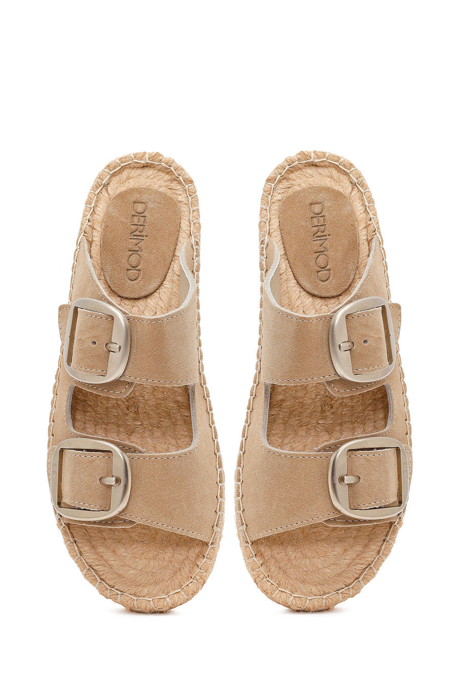 Women's Beige Buckled Suede Leather Espadrille Slippers