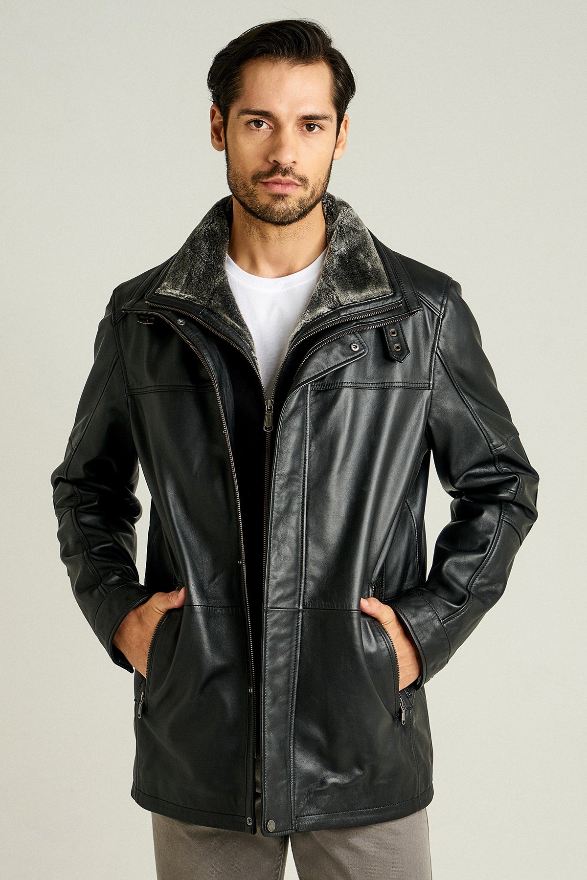 Eduardo Men's Black Double Collar Fur Leather Coat 14WGE61031M | Derimod