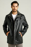 Eduardo Men's Black Double Collar Fur Leather Coat | Derimod