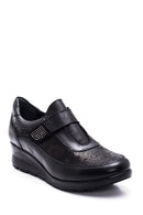 Women's Black Leather Stone Wedge Heeled Comfort Shoes | Derimod