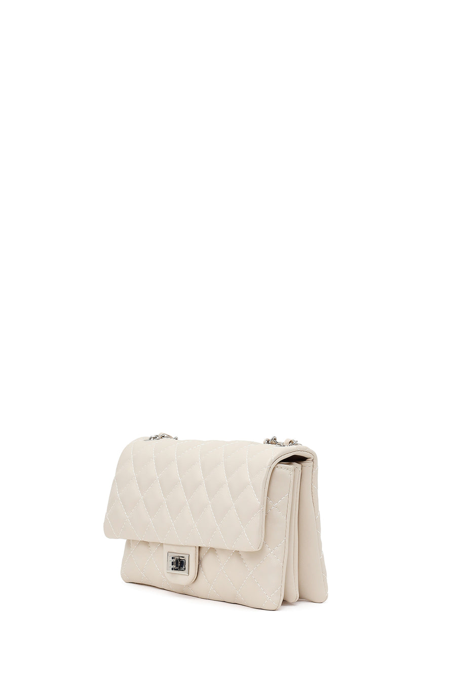 Woman Cream Chain-Strap Quilted Shoulder Bag
