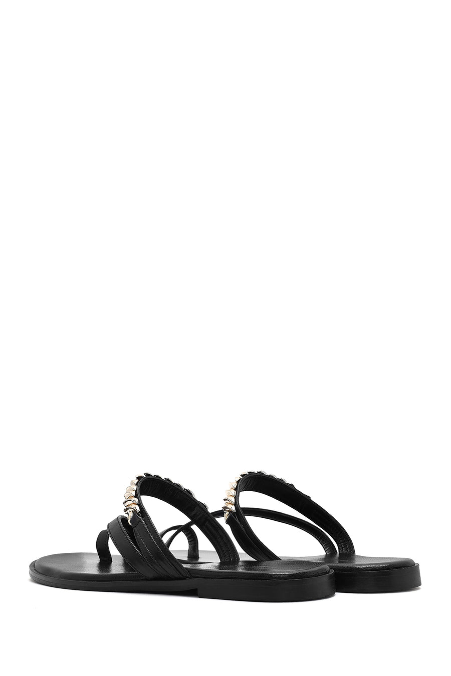 Women's Black Stoned Flip-Flop Leather Slippers