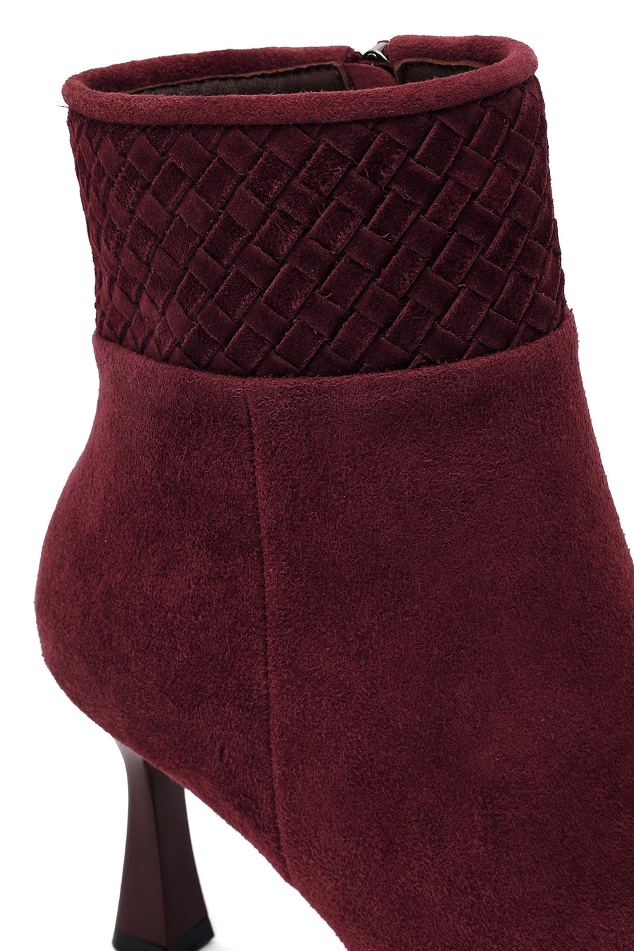 Woman Burgundy Zip Closure Braided Slim-Heeled Suede Boots