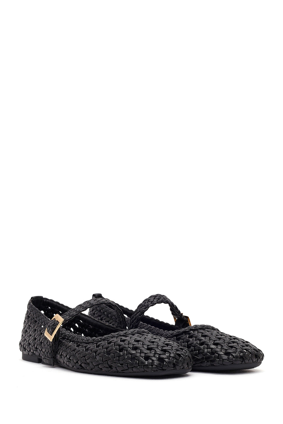 Woman Black Buckled Braided Ballerine flats