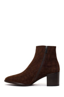 Woman Brown Zip Closure Printed Thick-Heeled Suede Boots | Derimod