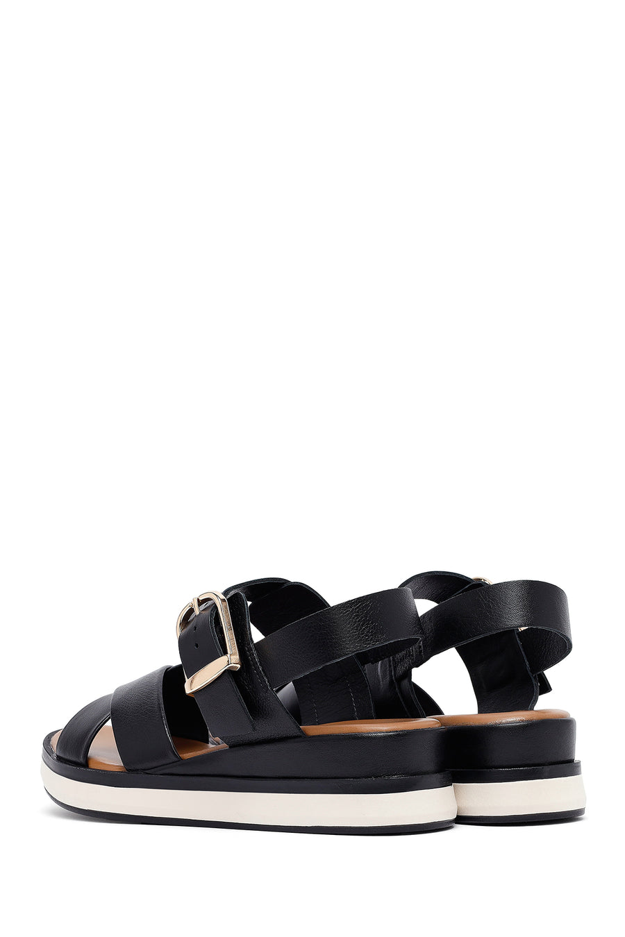 Women's Black Ankle Buckle Thick Soled Leather Sandals