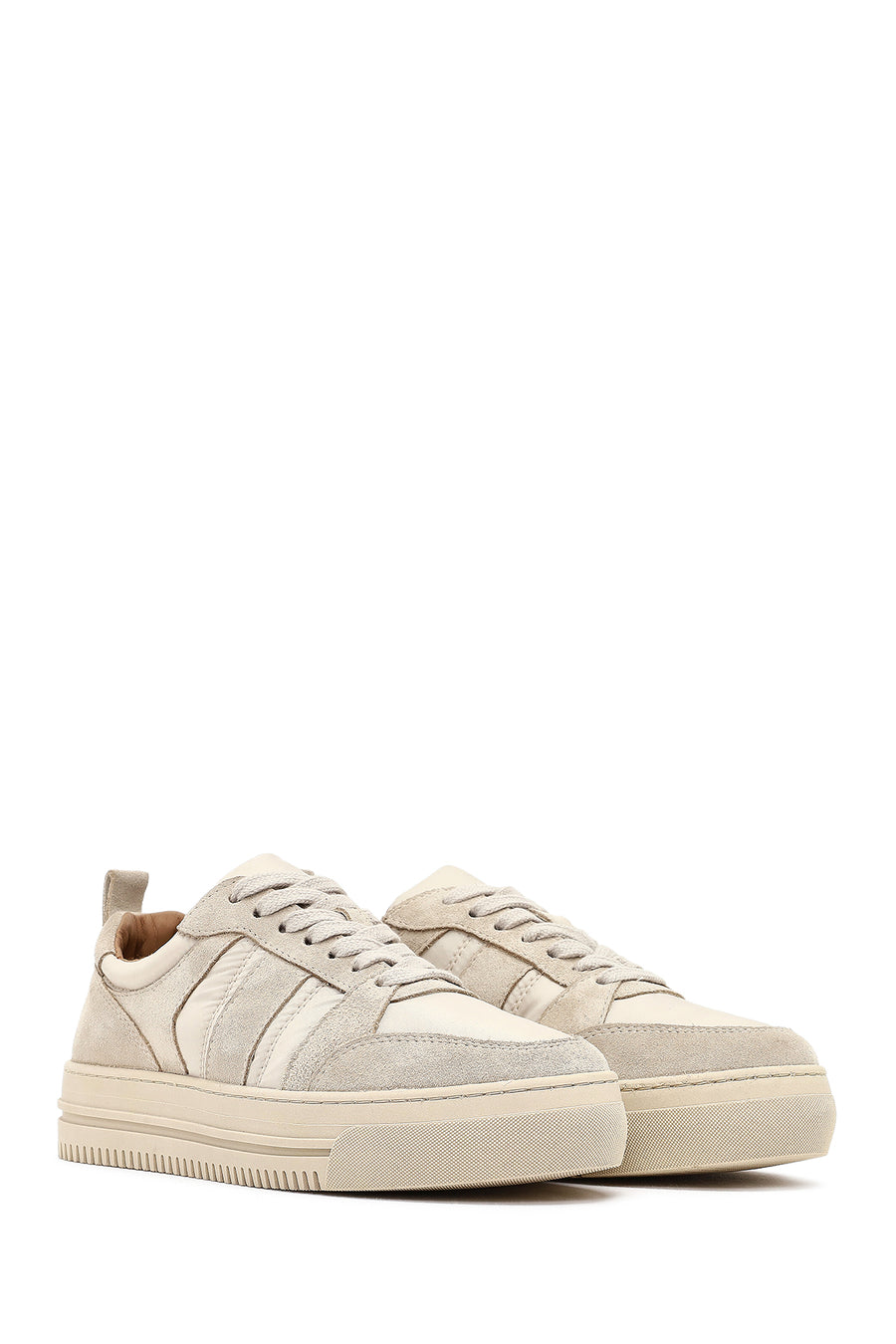 Woman Beige Lace-up Patterned Leather Sneaker