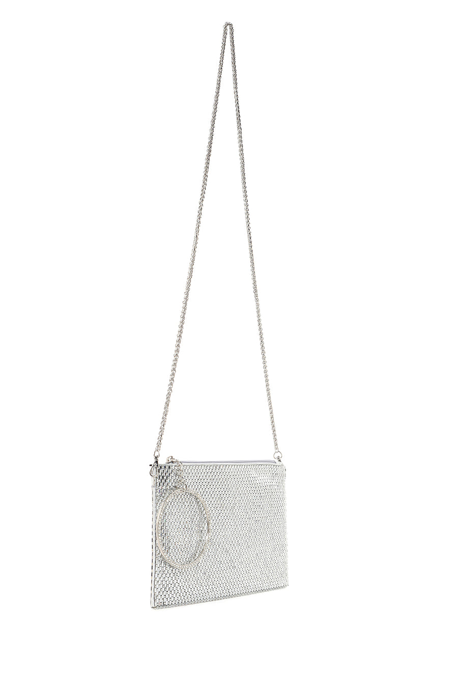 Woman Silver Chain-Strap Rhinestone Evening Bag