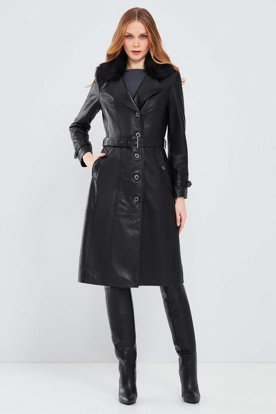 Brenda Women's Black Furry Leather Trench Coat