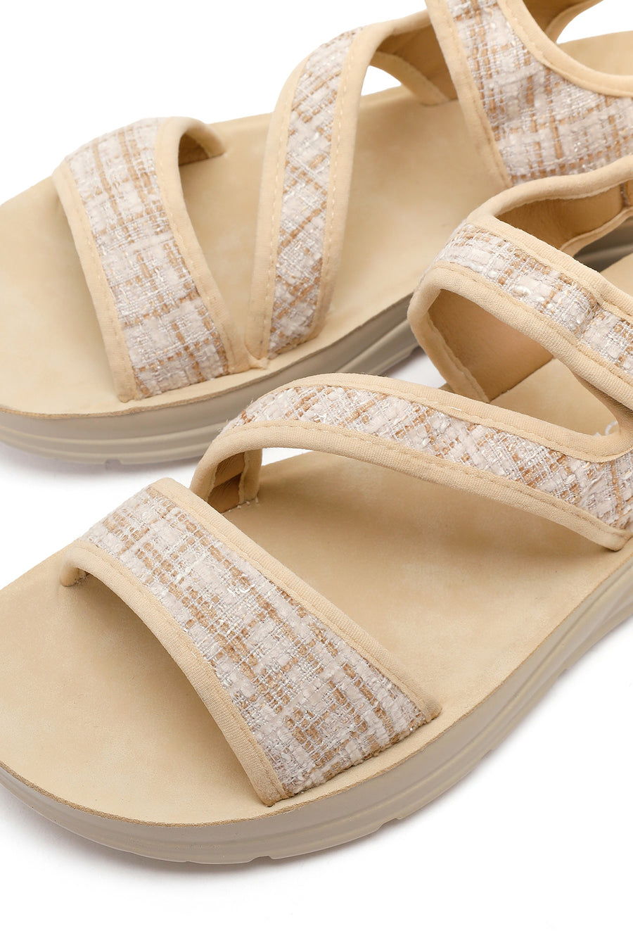 Women's Beige Chunky Sole Patterned Fabric Sandals