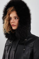 Elenor Women's Black Hooded Fur Leather Jacket | Derimod