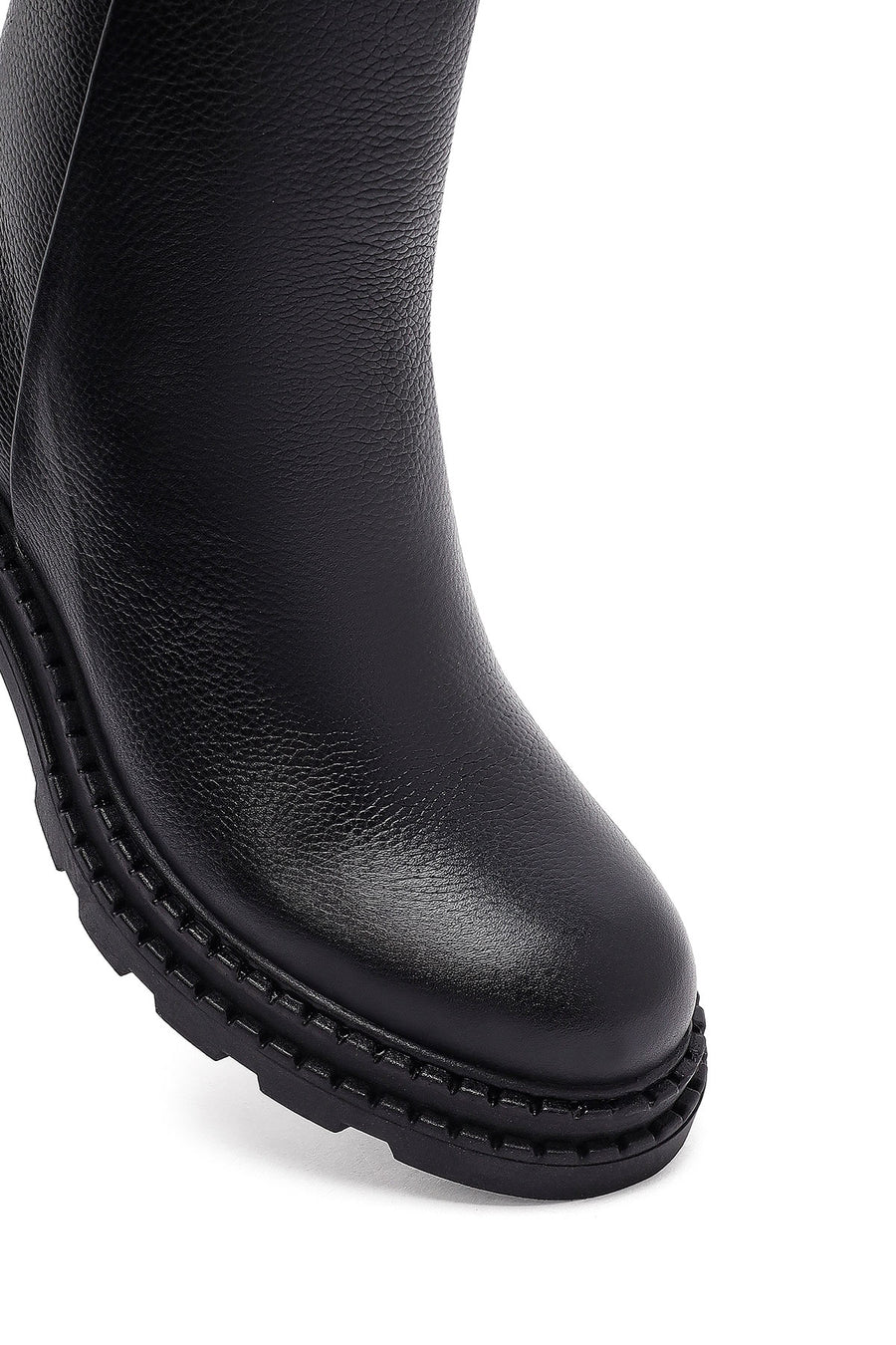 Woman Black Zip Closure Thick-Heeled Leather Boots