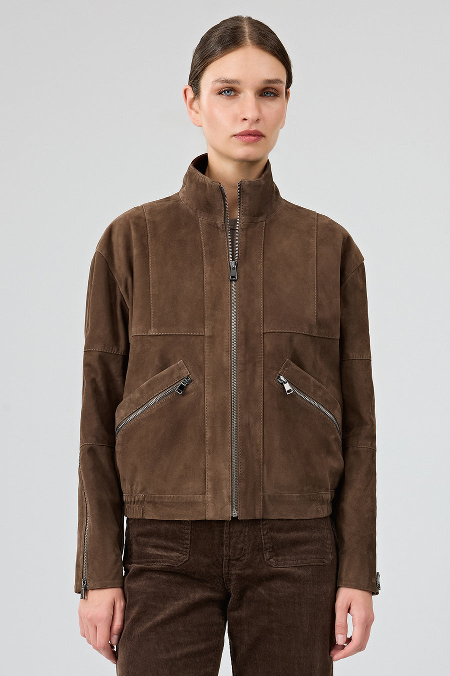 Gina Women's Brown Stand Collar Oversize Short Suede Leather Jacket