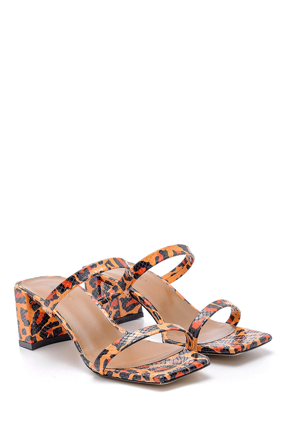 Women's Leather Leopard Patterned Heeled Slippers